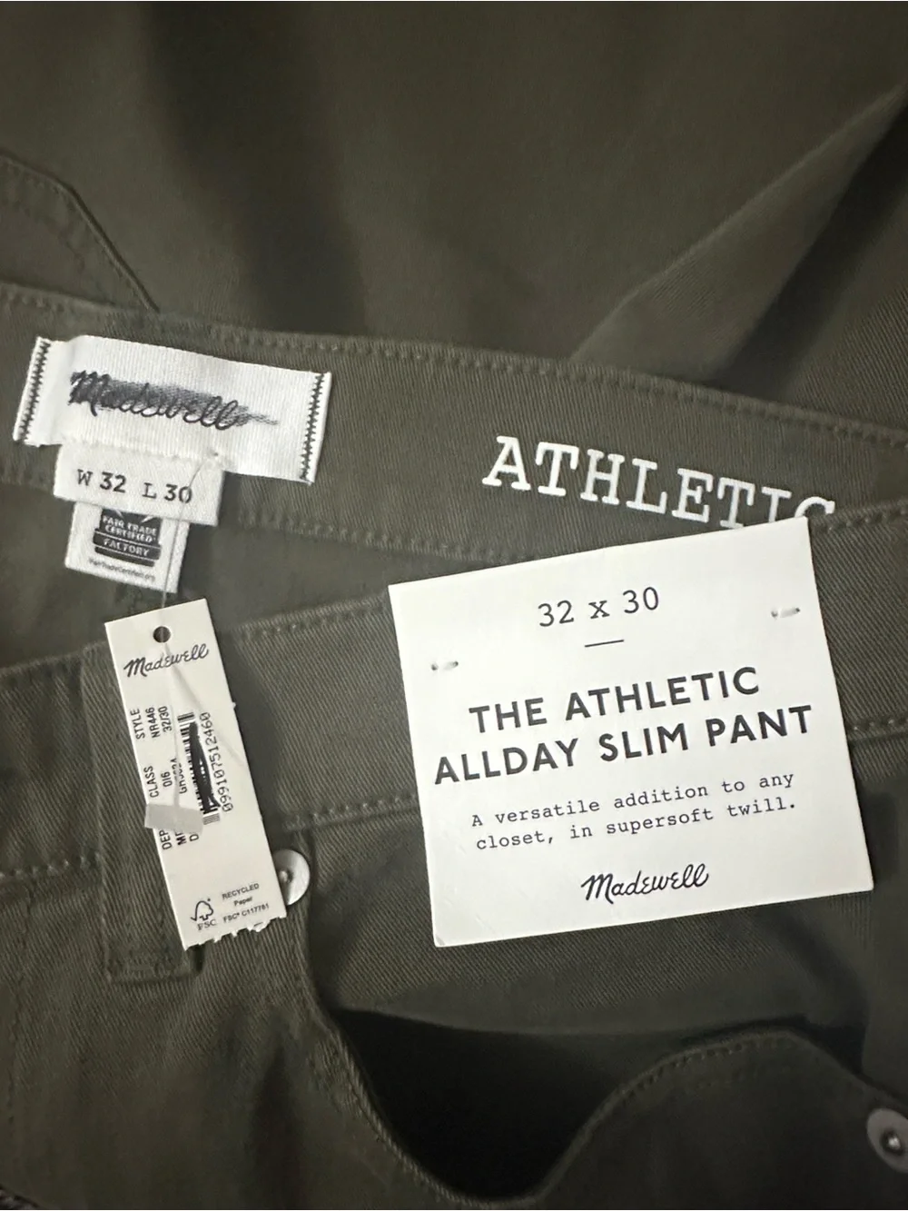 NEW Madewell The Athletic Allday Slim Pant in Deep Green Stretch Size 32 x‎ 30